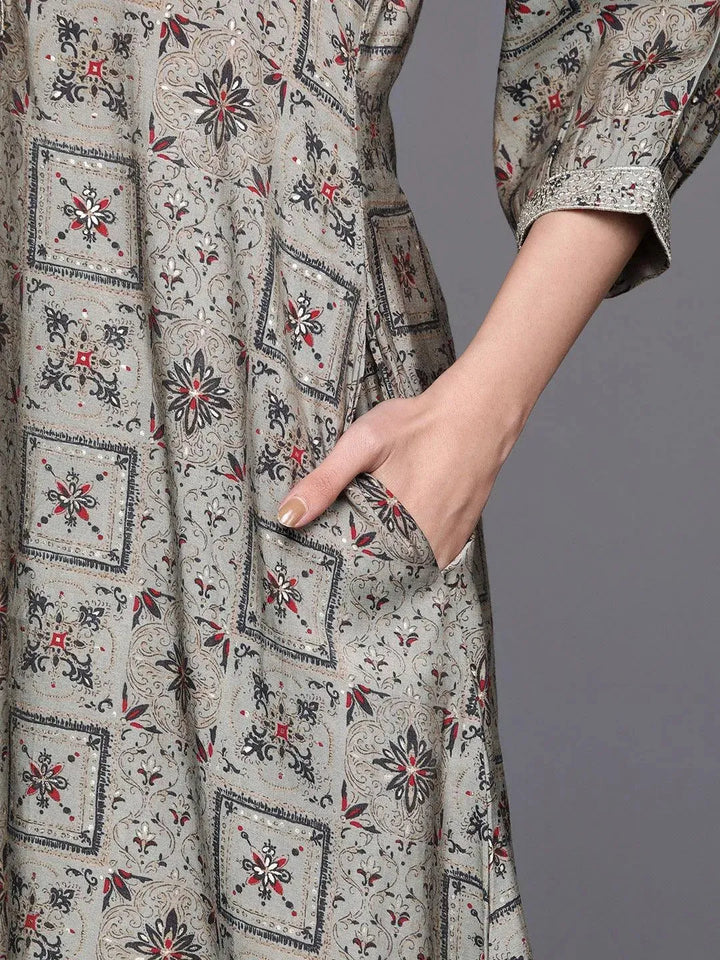 Grey Printed Chanderi Silk Kurta - Libas