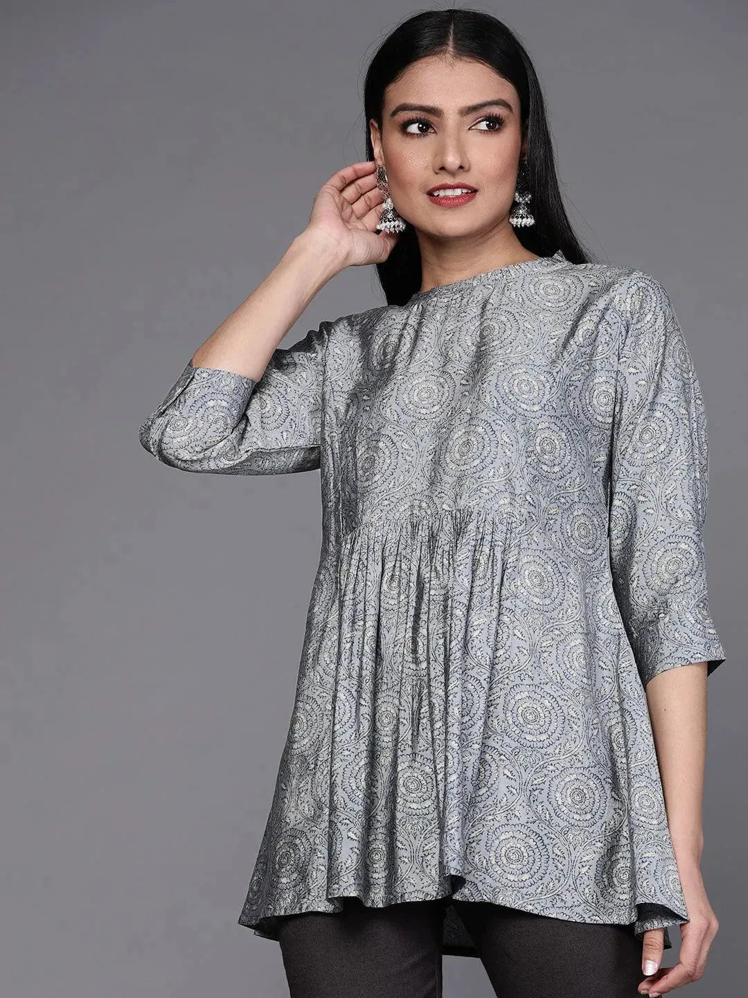 Grey Printed Chanderi Silk Kurti - Libas