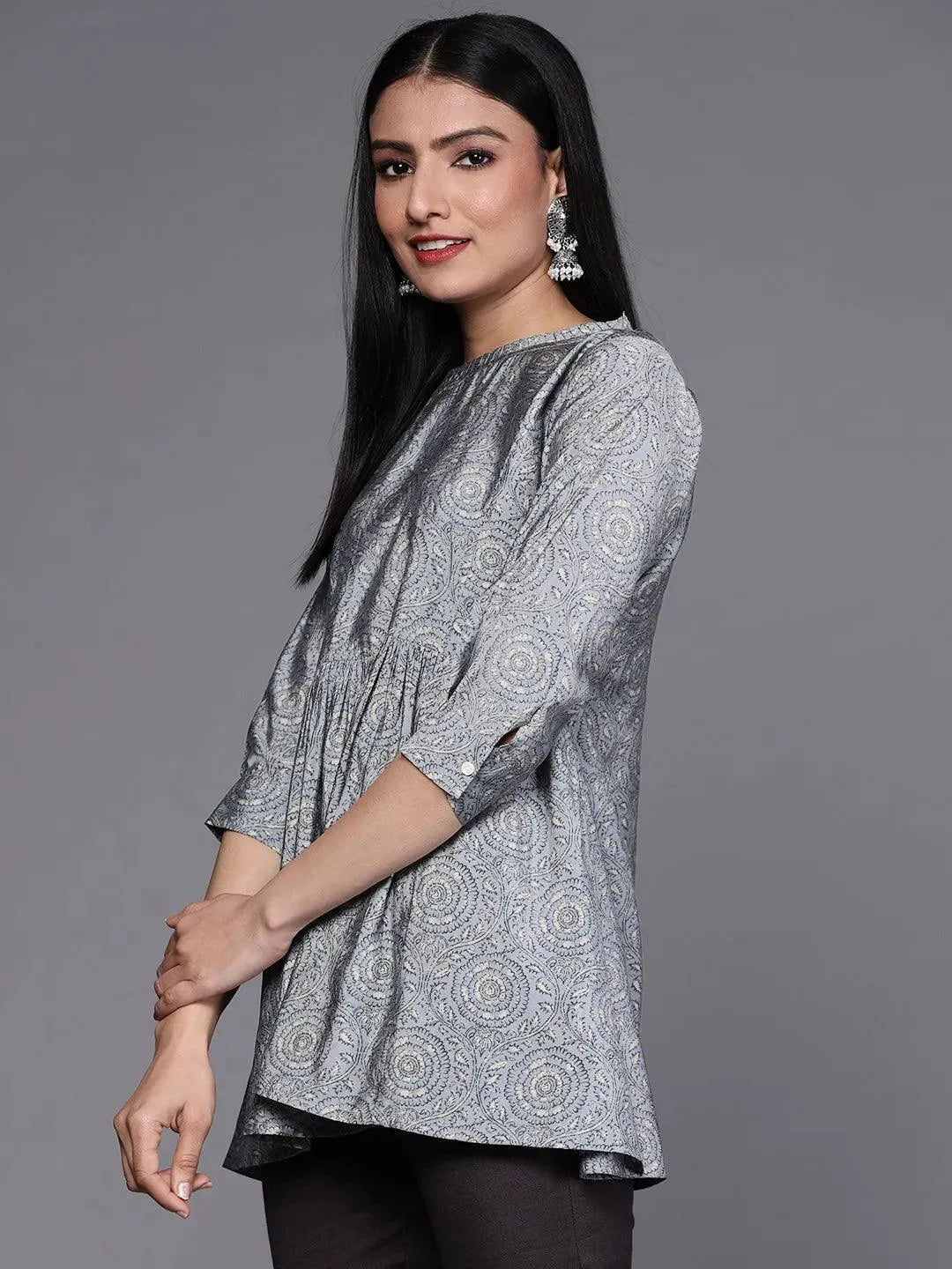 Grey Printed Chanderi Silk Kurti - Libas