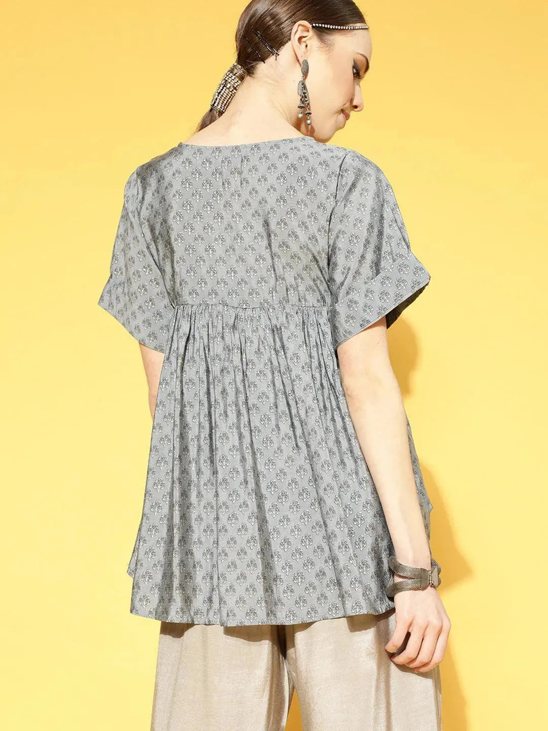Grey Printed Chanderi Silk Kurti - Libas 