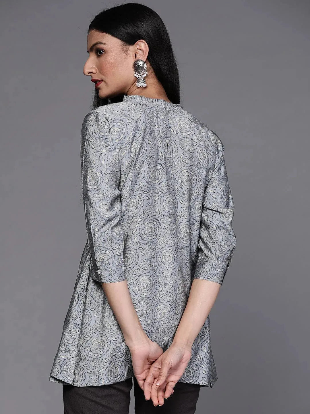Grey Printed Chanderi Silk Kurti - Libas 