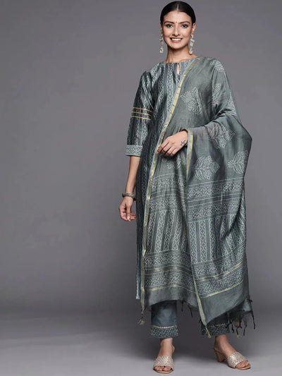 Grey Printed Chanderi Silk Straight Suit Set - Libas