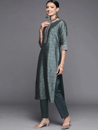 Grey Printed Chanderi Silk Straight Suit Set - Libas