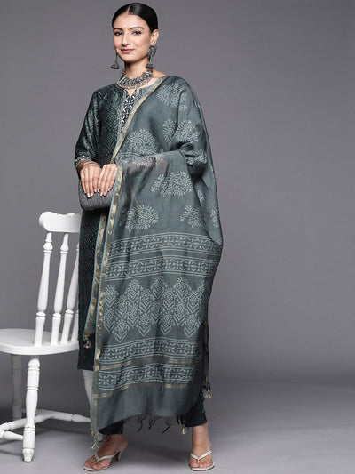 Grey Printed Chanderi Silk Straight Suit Set - Libas
