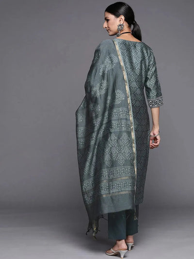 Grey Printed Chanderi Silk Straight Suit Set - Libas