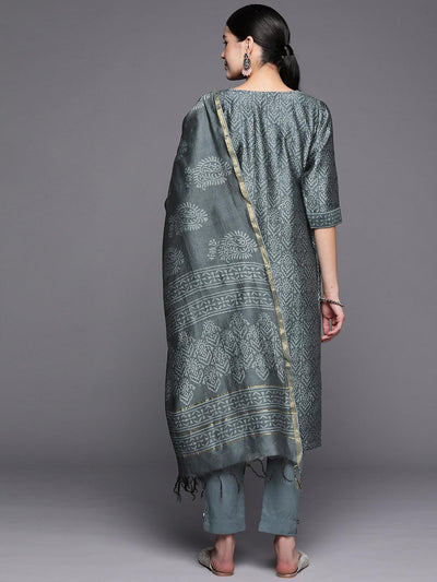 Grey Printed Chanderi Silk Straight Suit Set With Trousers - Libas
