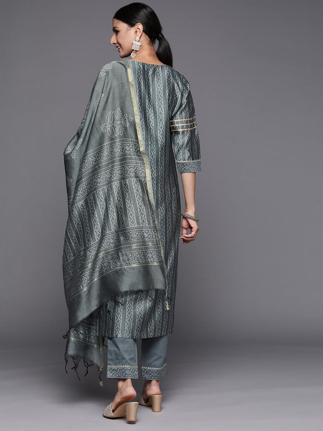 Grey Printed Chanderi Silk Straight Suit Set - Libas
