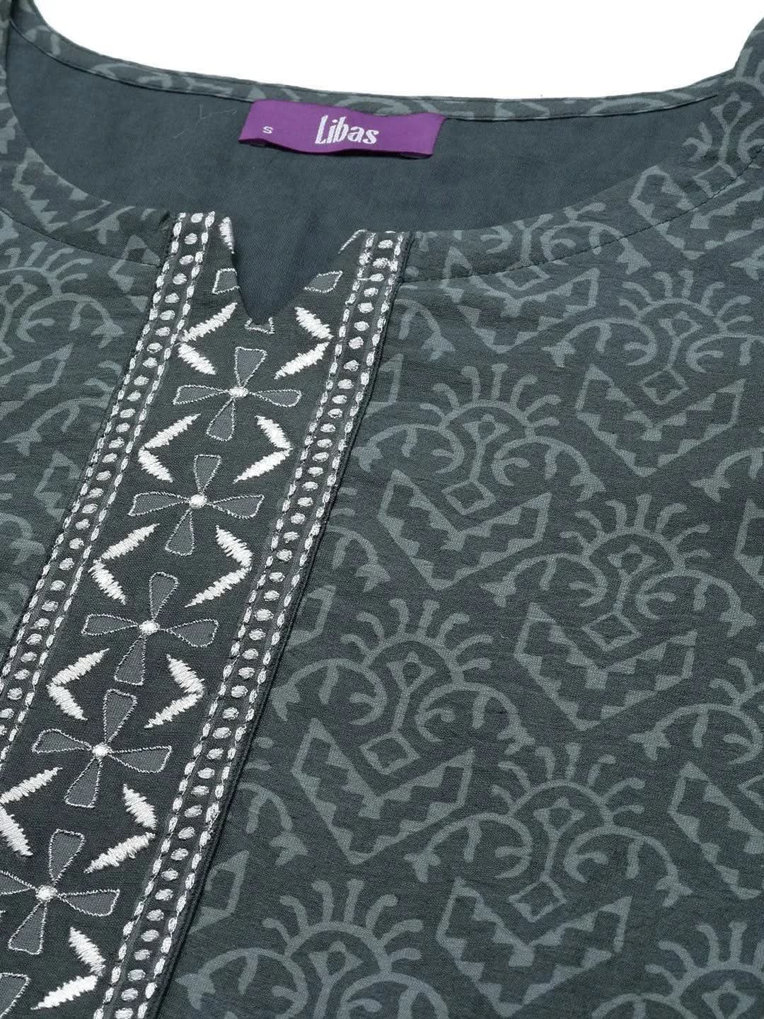 

Grey Printed Chanderi Silk Straight Kurta With Dupatta