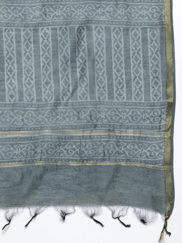 Grey Printed Chanderi Silk Straight Suit Set - Libas
