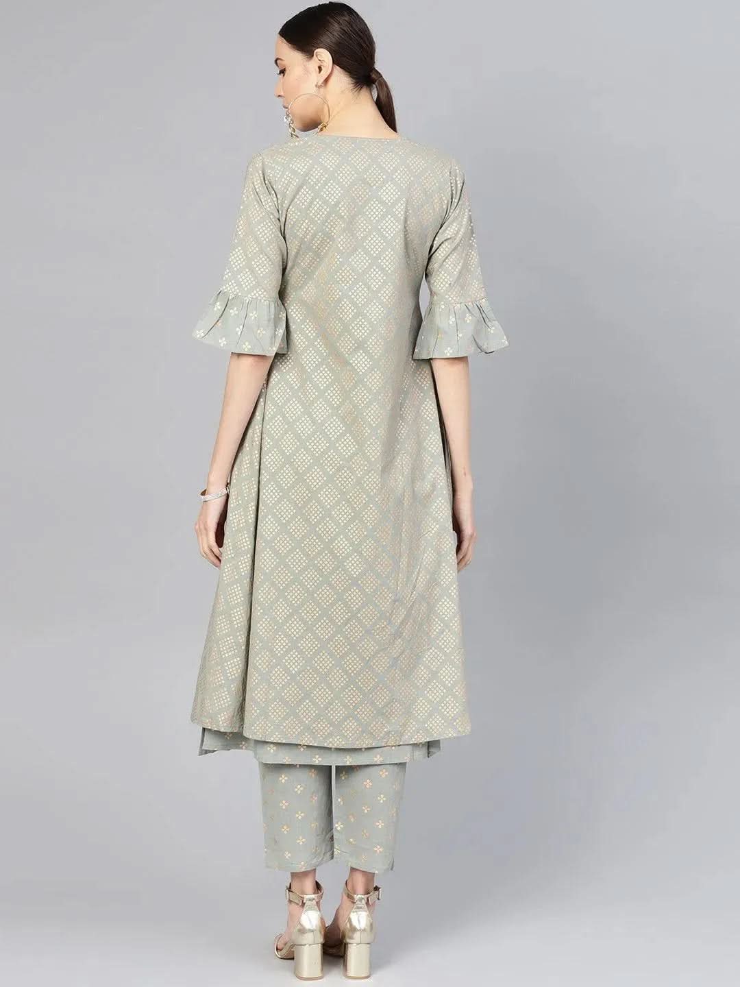 

Grey Printed Cotton A-Line Kurta With Jacket