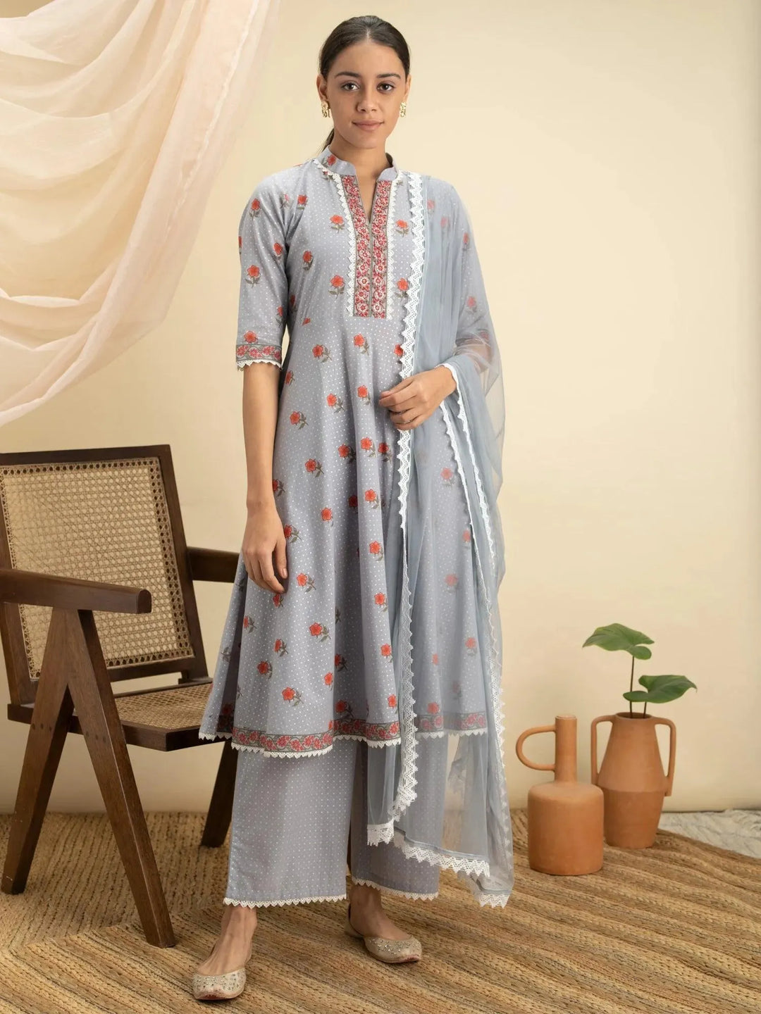 Grey Printed Cotton Suit Set - Libas 