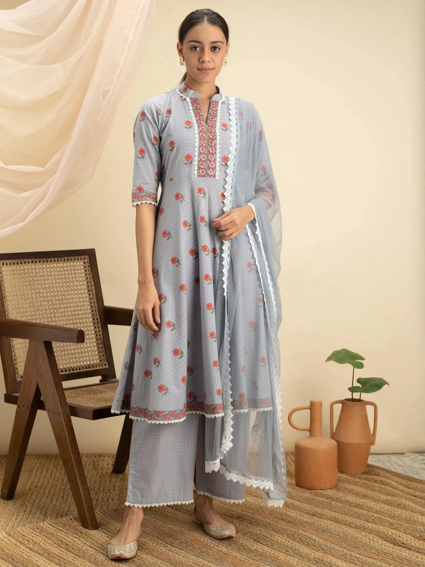 Grey Printed Cotton Suit Set - Libas