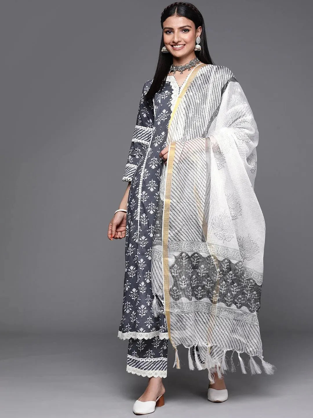 Grey Printed Cotton Suit Set - Libas