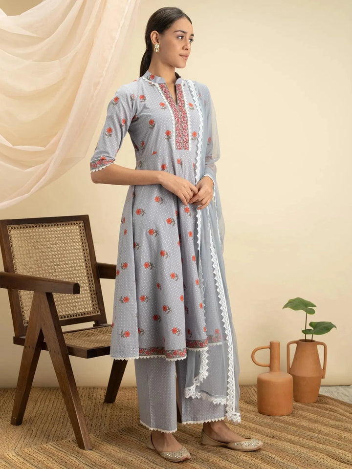 Grey Printed Cotton Suit Set - Libas