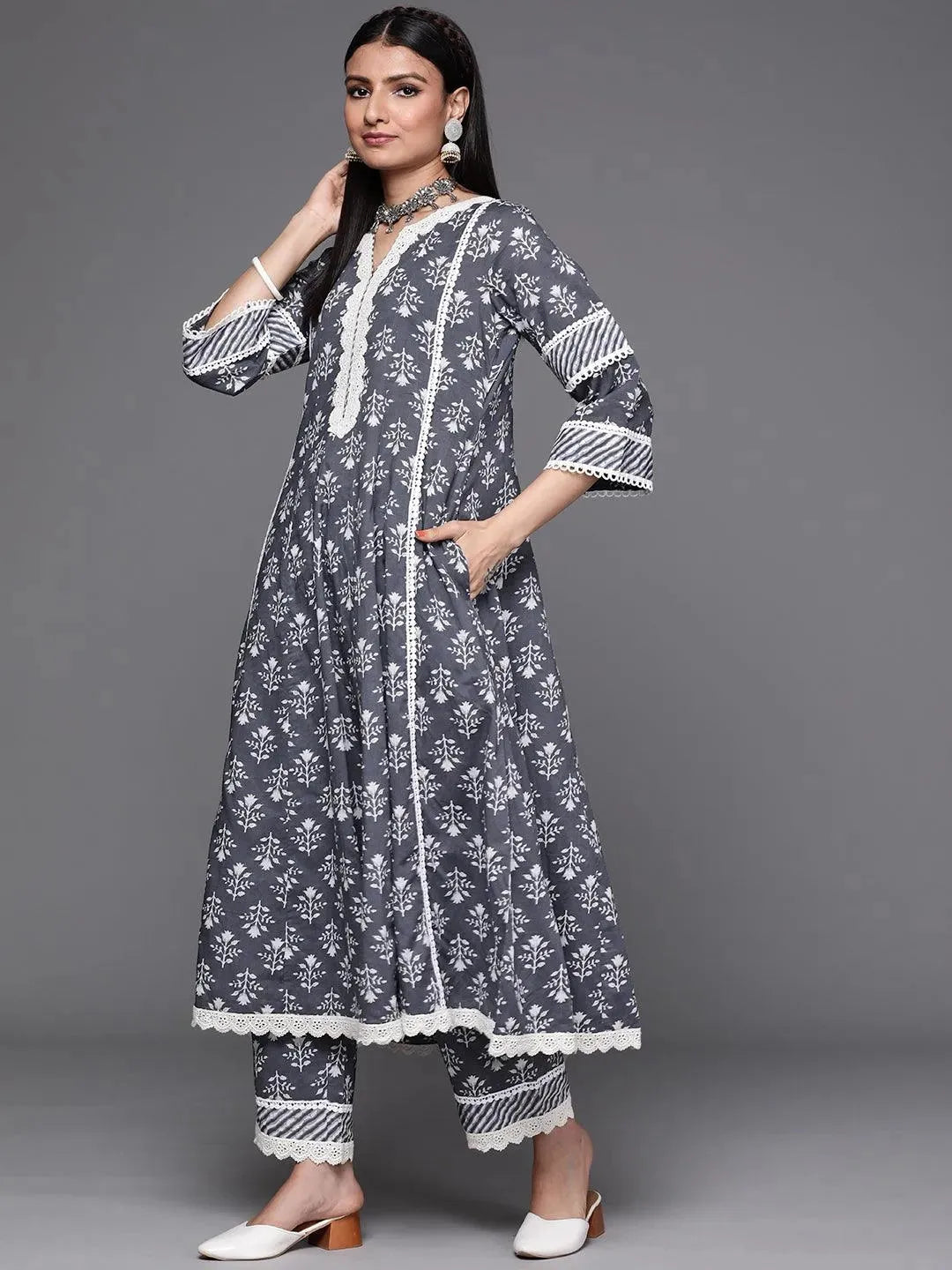 Grey Printed Cotton Suit Set - Libas