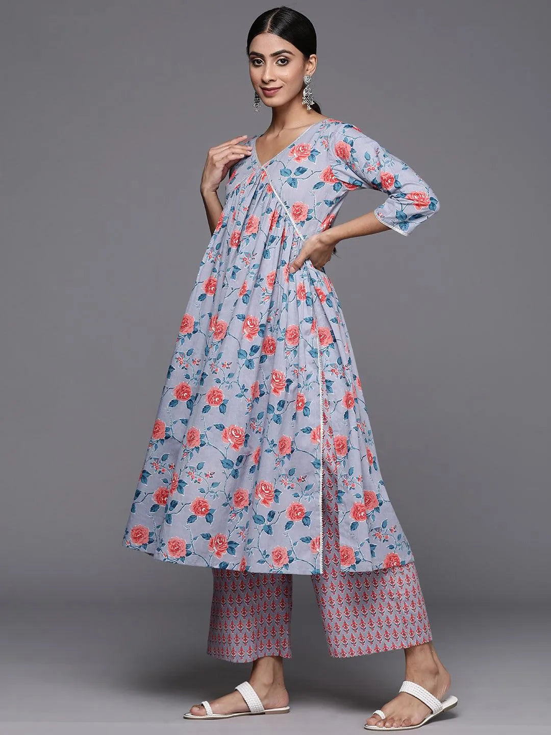 Grey Printed Cotton A-Line Kurta With Palazzos & Dupatta - Libas 