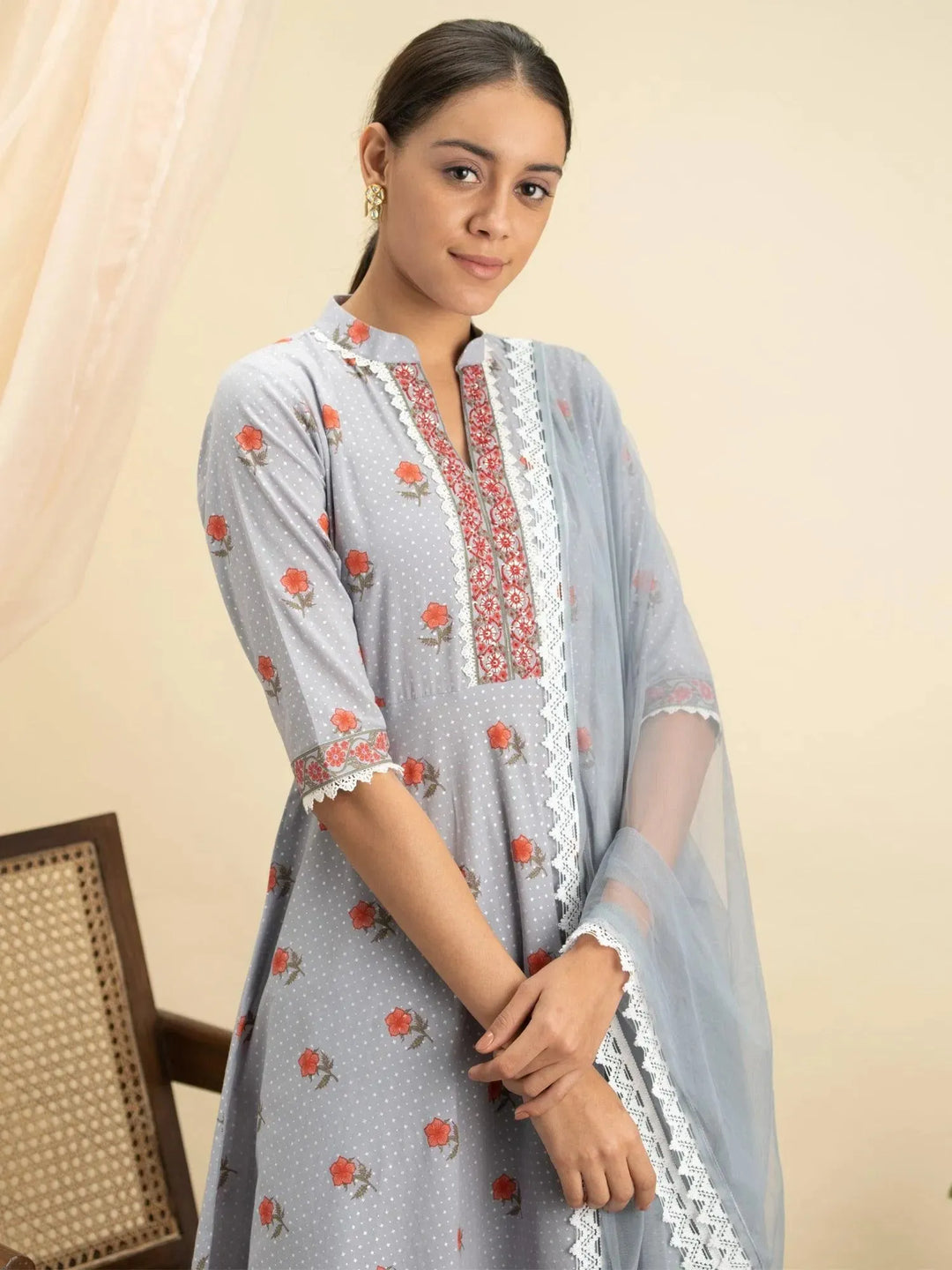 Grey Printed Cotton Suit Set - Libas