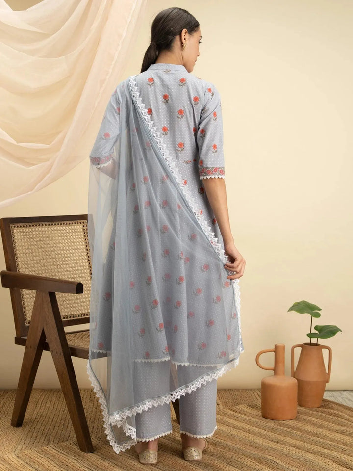 Grey Printed Cotton Suit Set - Libas