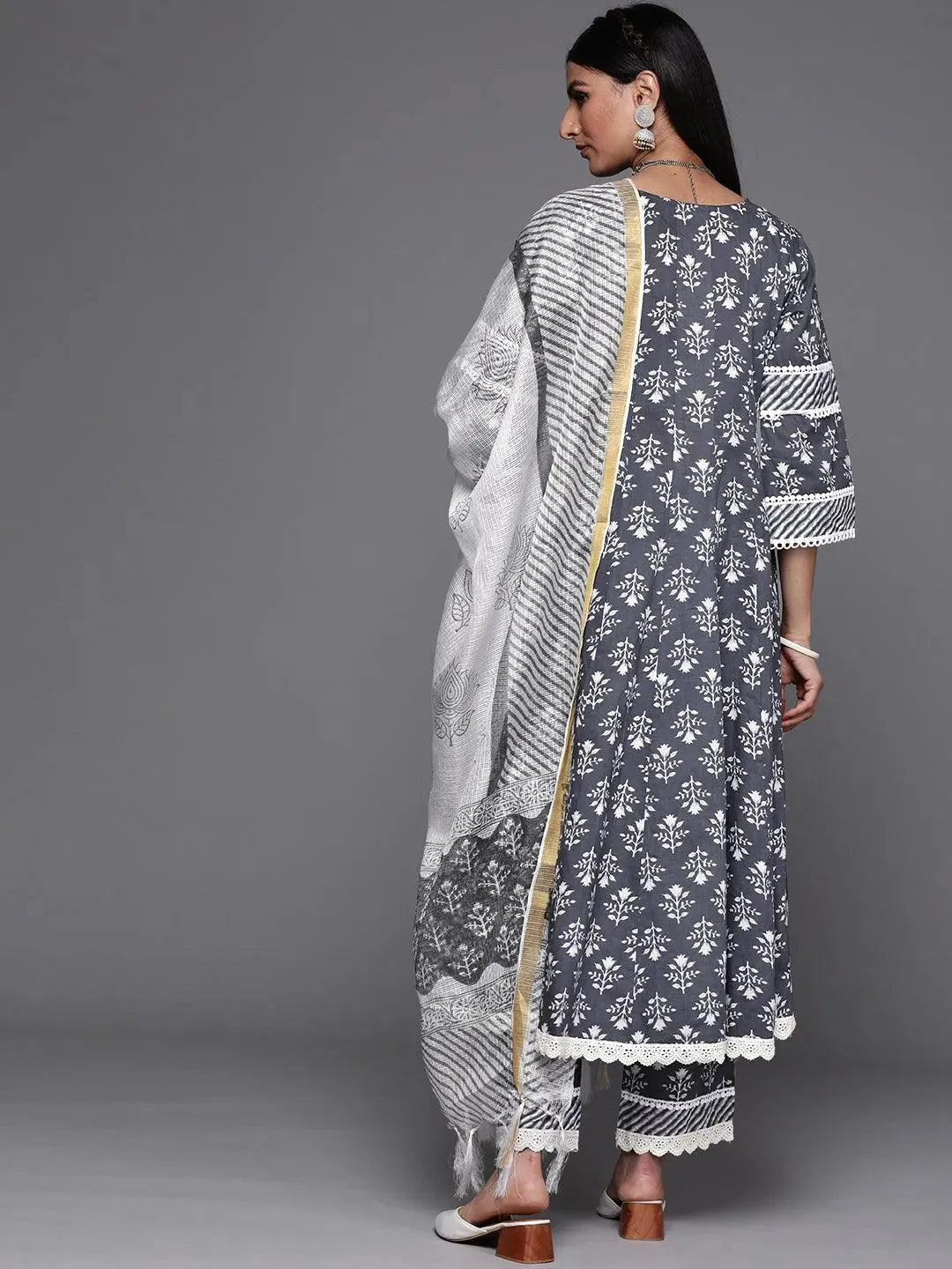 Grey Printed Cotton Suit Set - Libas