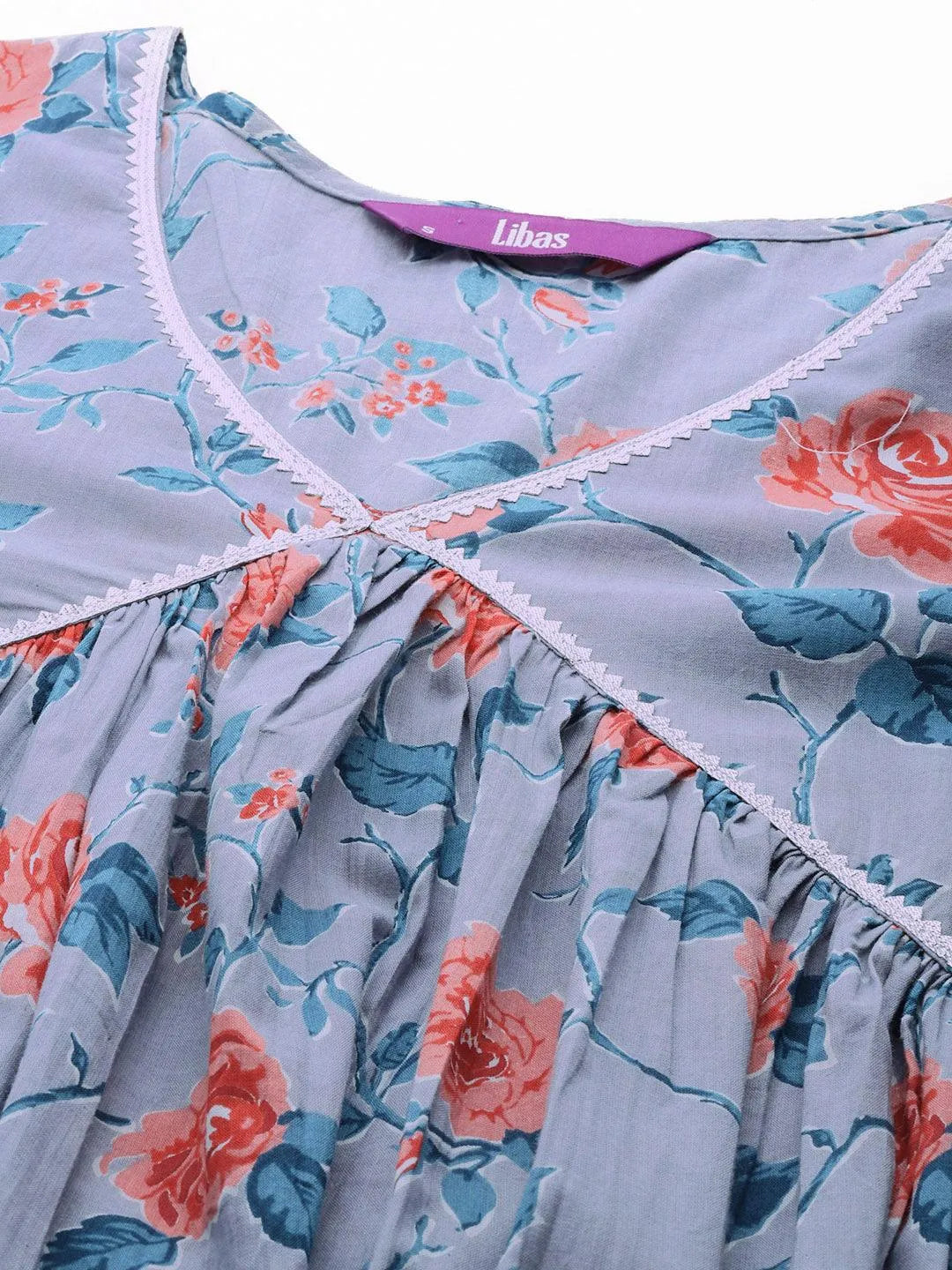 Grey Printed Cotton A-Line Kurta With Palazzos & Dupatta - Libas 