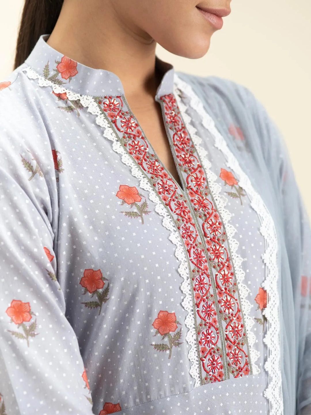 Grey Printed Cotton Suit Set - Libas 