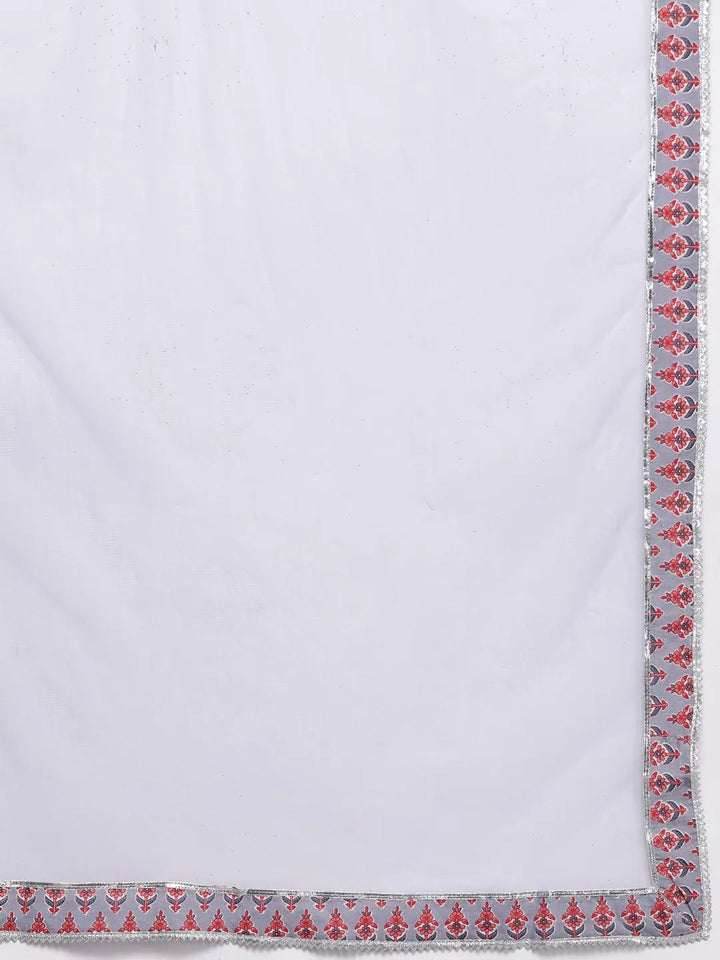 Grey Printed Cotton A-Line Kurta With Palazzos & Dupatta - Libas