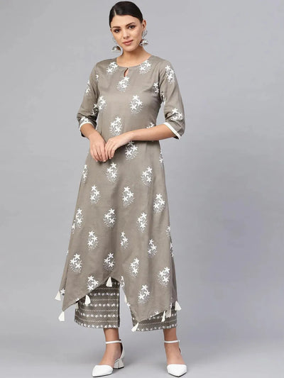 Grey Printed Cotton Kurta Set - Libas