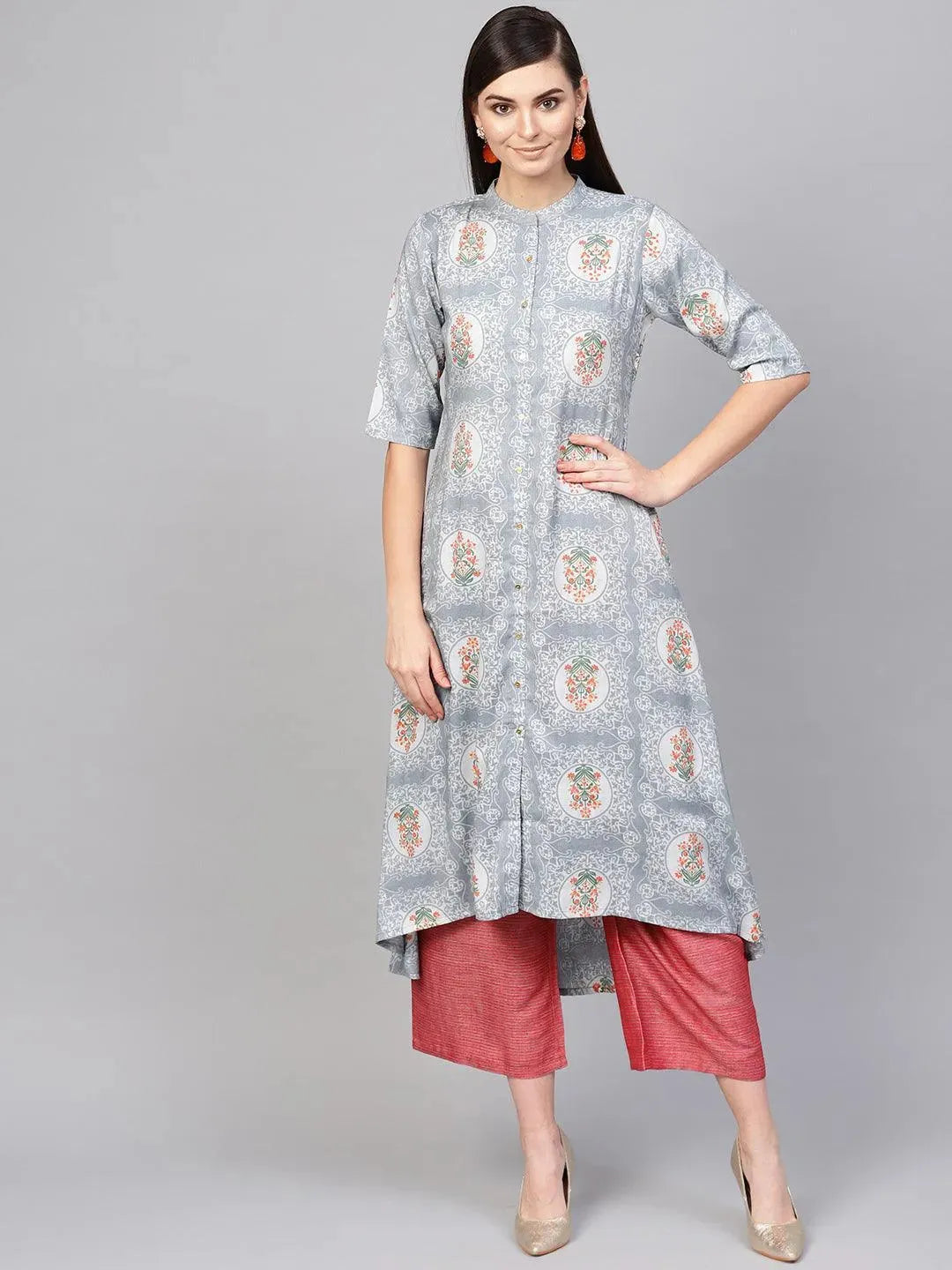 Grey Printed Cotton Blend Kurta Set - Libas