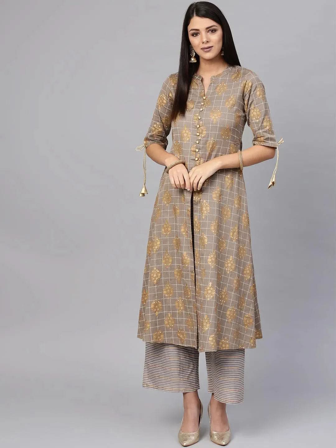 

Grey Printed Cotton A-Line Kurta With Palazzos