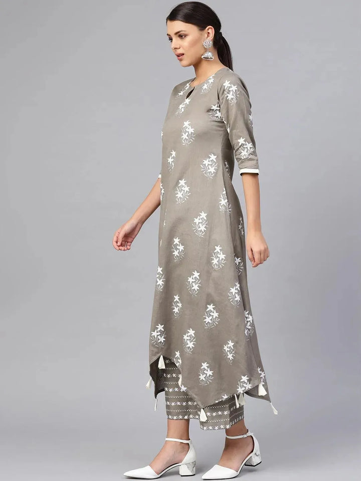 Grey Printed Cotton Kurta Set - Libas