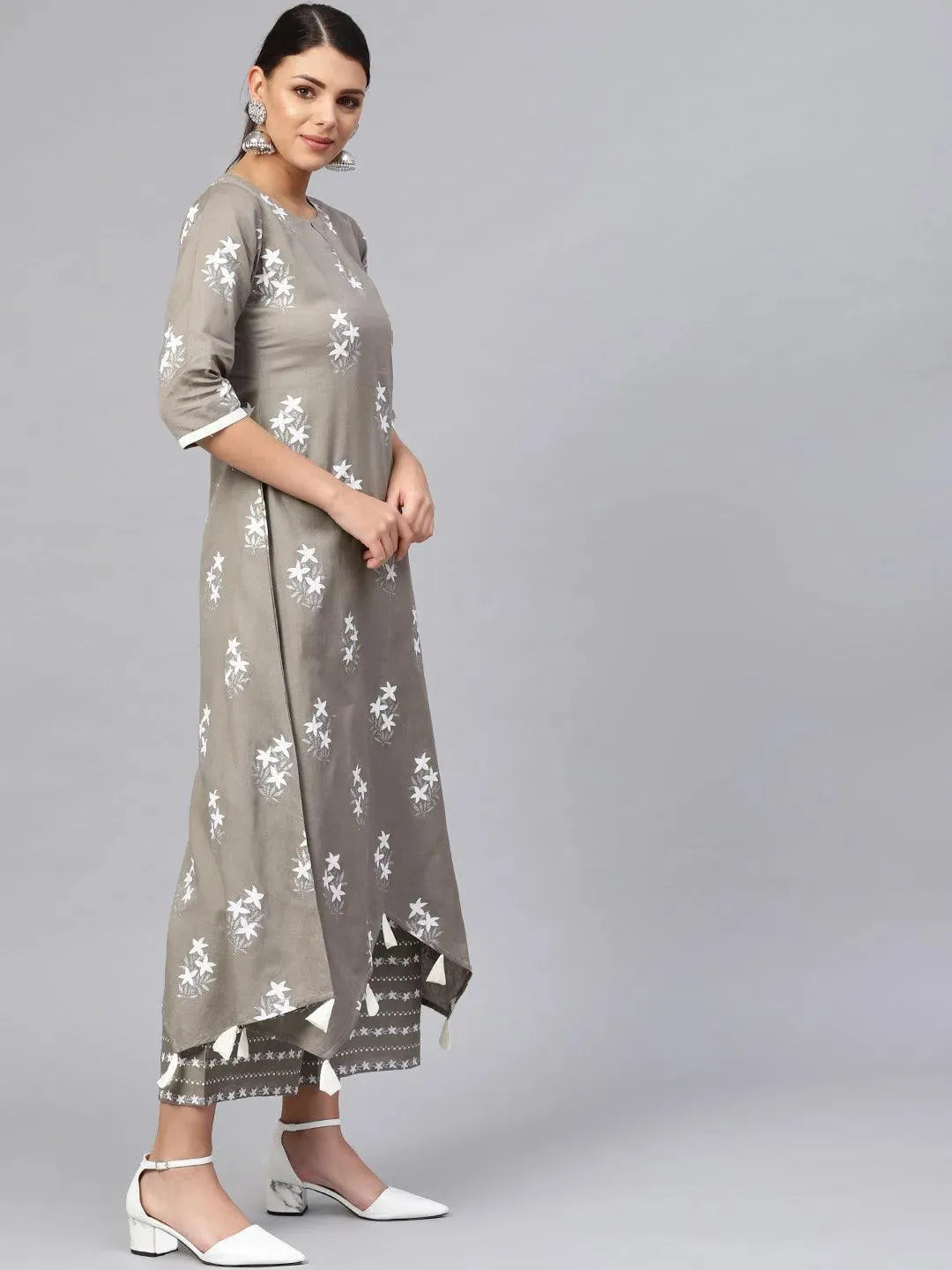 Grey Printed Cotton Kurta Set - Libas 