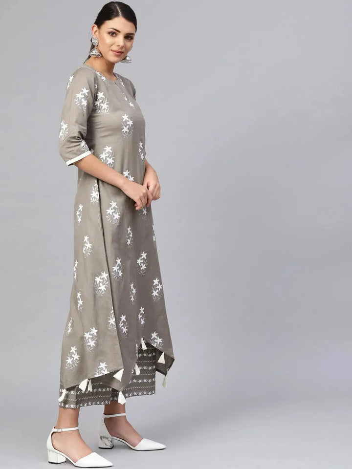 Grey Printed Cotton Kurta Set - Libas