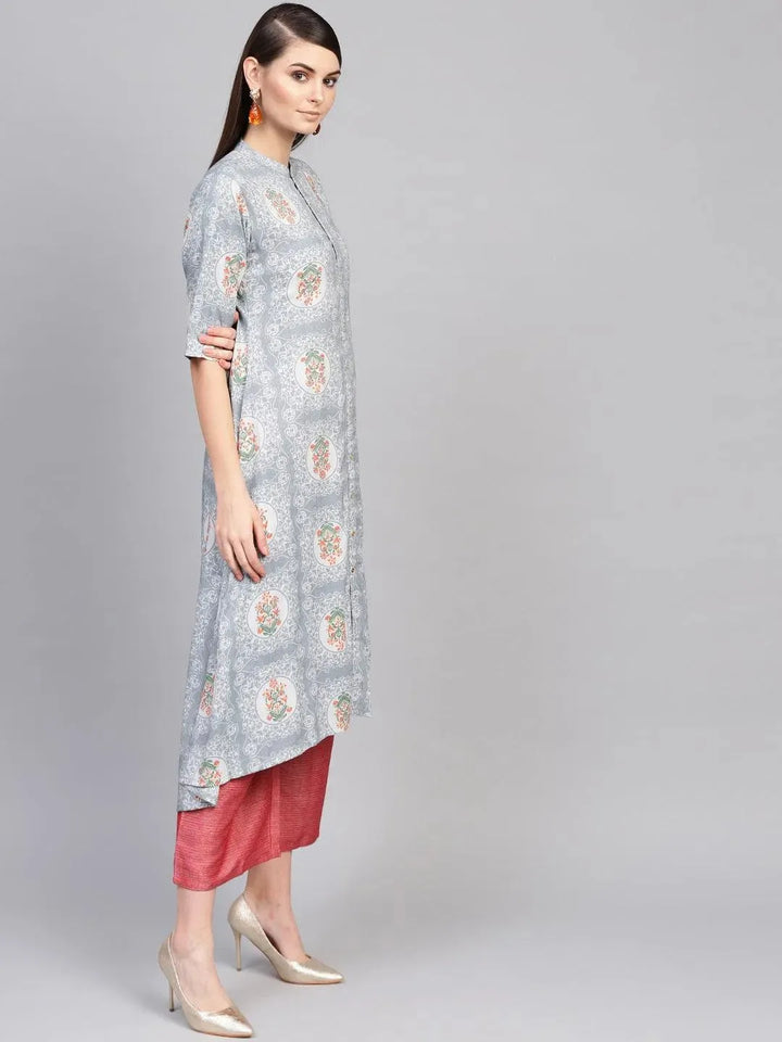 Grey Printed Cotton Blend Kurta Set - Libas