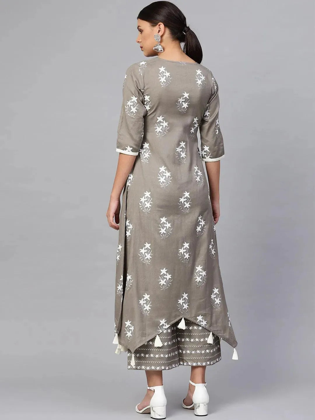 Grey Printed Cotton Kurta Set - Libas 