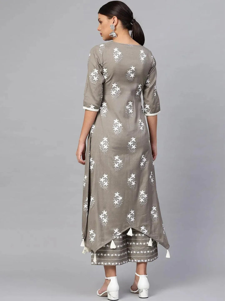 Grey Printed Cotton Kurta Set - Libas