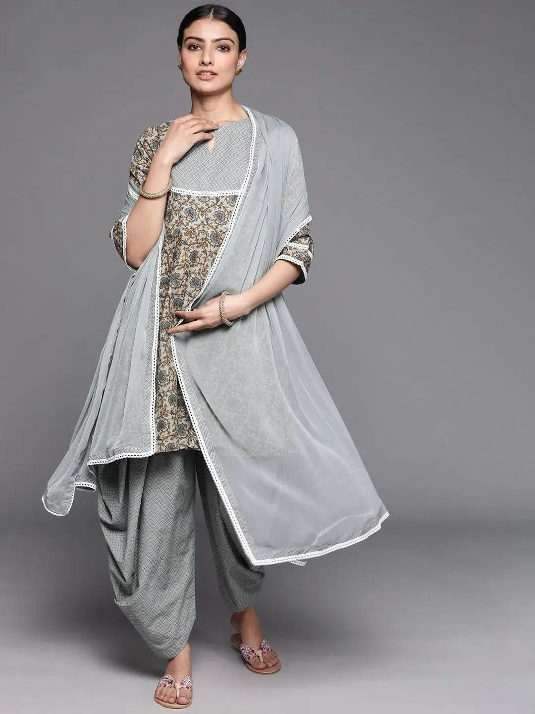 Grey Printed Cotton Suit Set - Libas