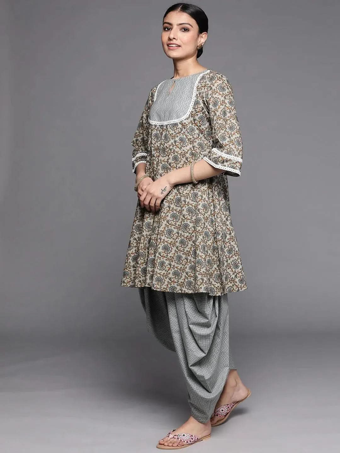 Grey Printed Cotton Suit Set - Libas 