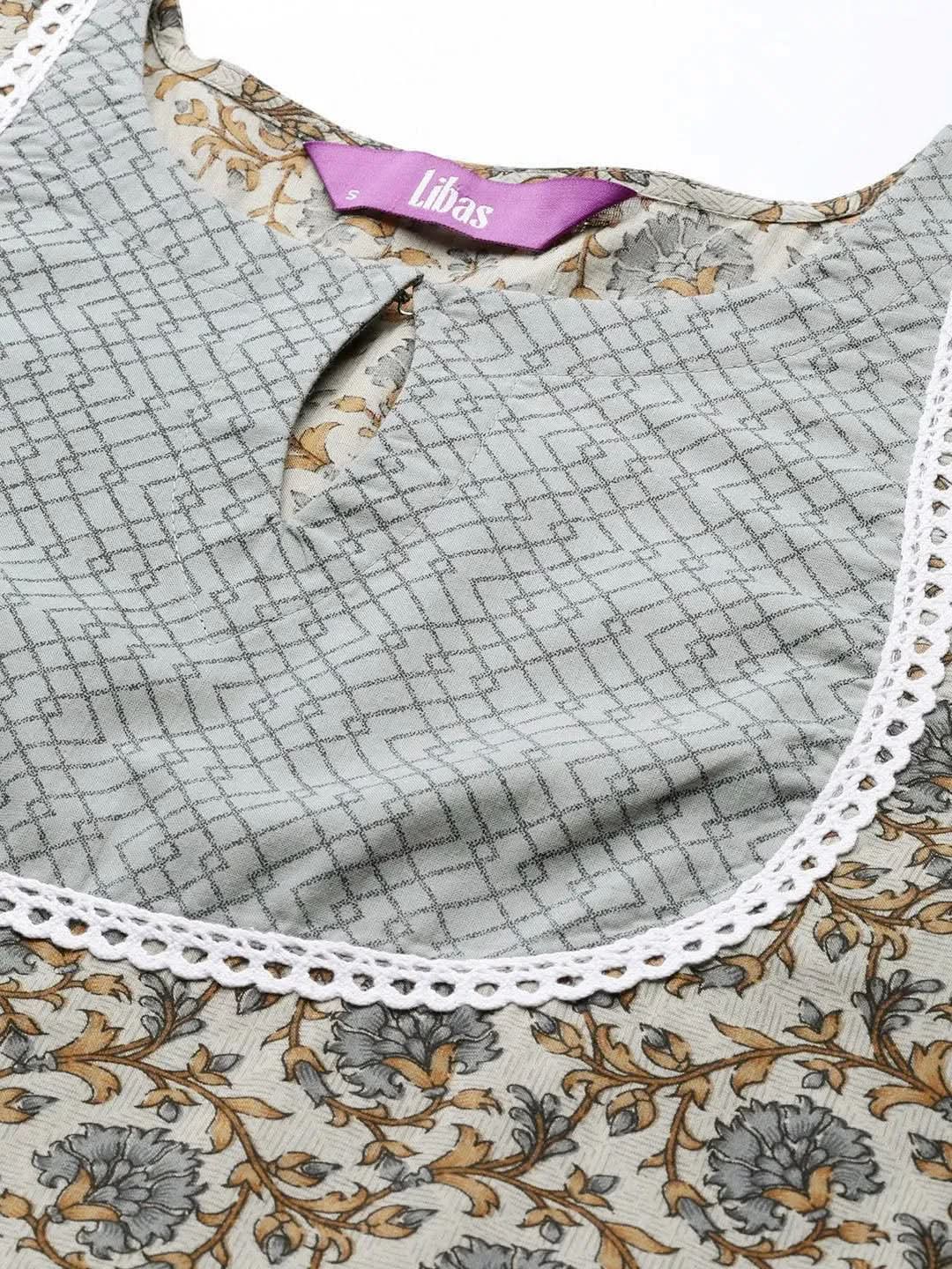Grey Printed Cotton Suit Set - Libas 