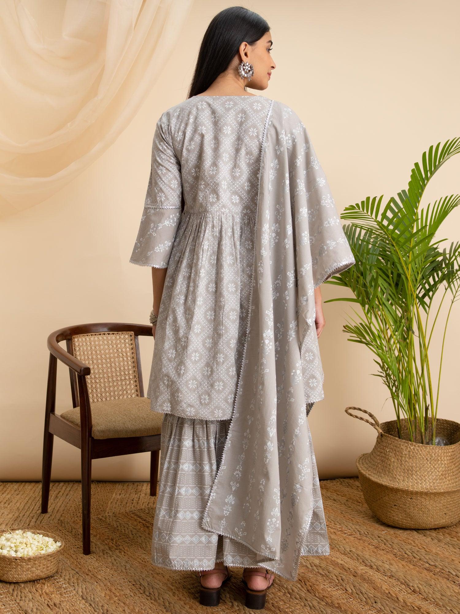 Grey Printed Cotton A-Line Kurta With Sharara & Dupatta