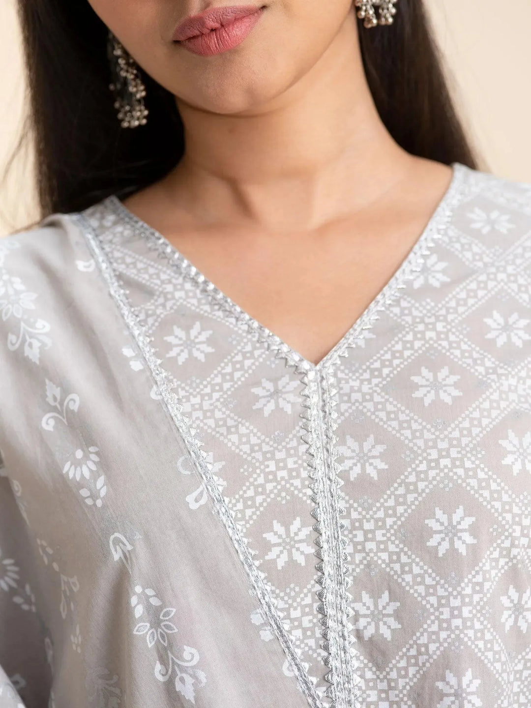 Grey Printed Cotton Suit Set - Libas 