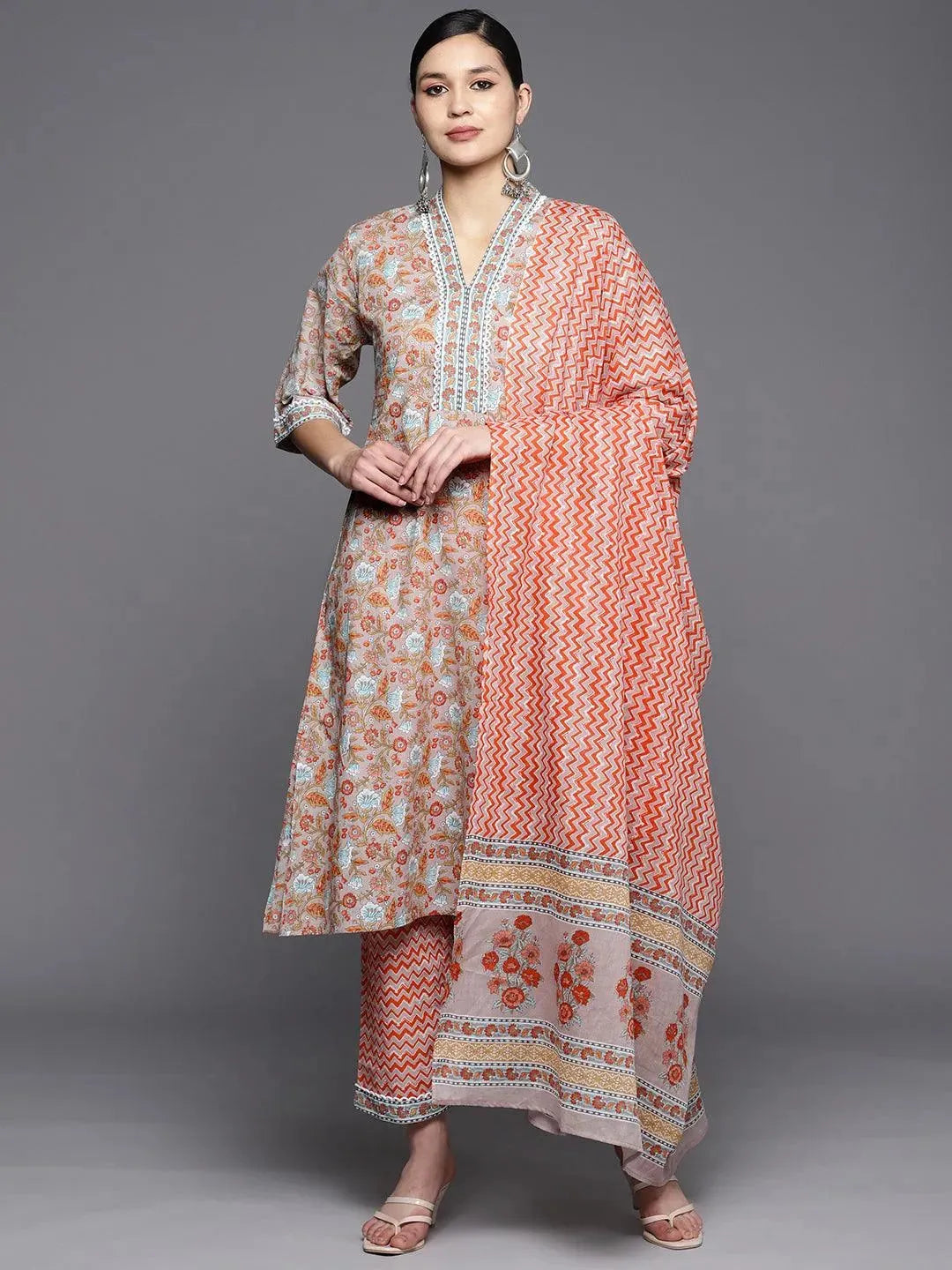 Grey Printed Cotton A-Line Suit Set With Trousers - Libas 