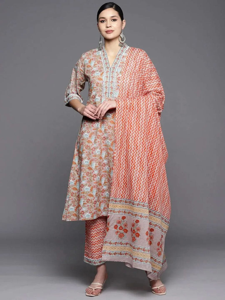 Libas Grey Printed Cotton A-Line Kurta With Trousers & Dupatta