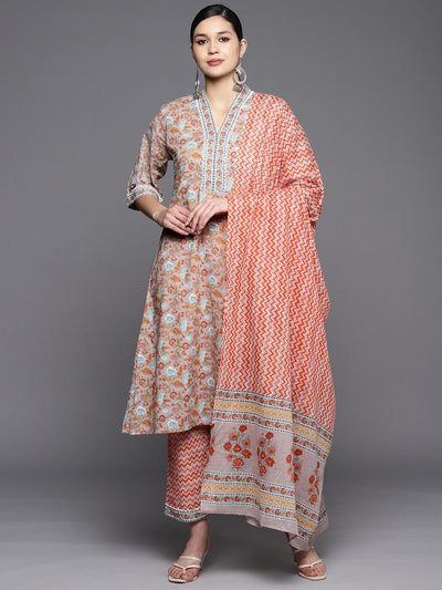 Grey Printed Cotton A-Line Suit Set With Trousers - Libas