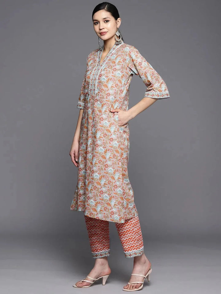Grey Printed Cotton A-Line Suit Set With Trousers - Libas