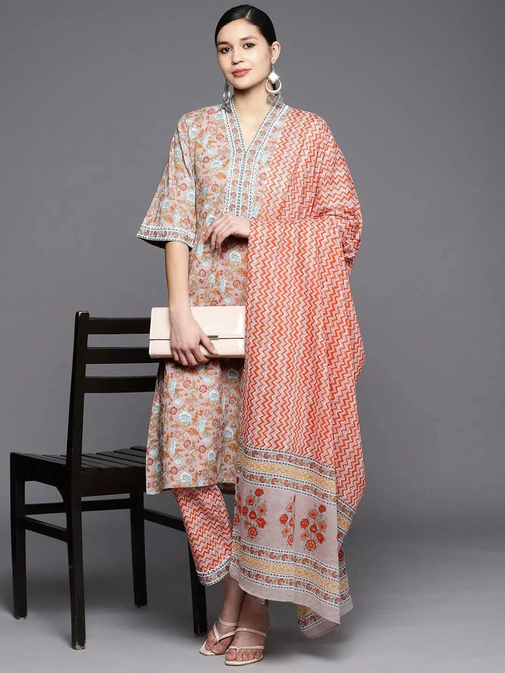 Grey Printed Cotton A-Line Suit Set With Trousers - Libas