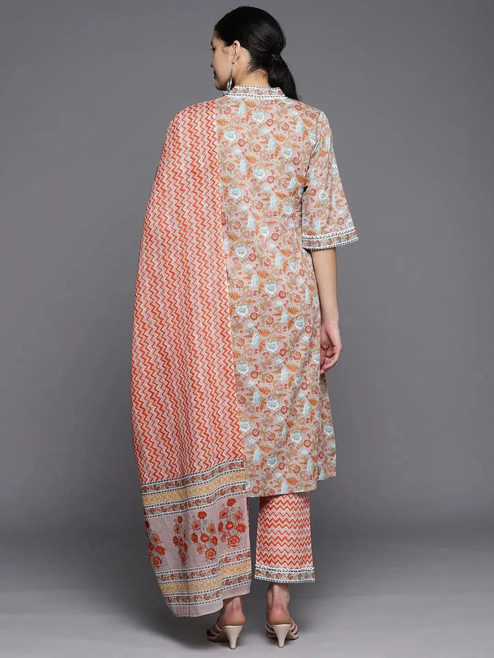 Grey Printed Cotton A-Line Suit Set With Trousers - Libas
