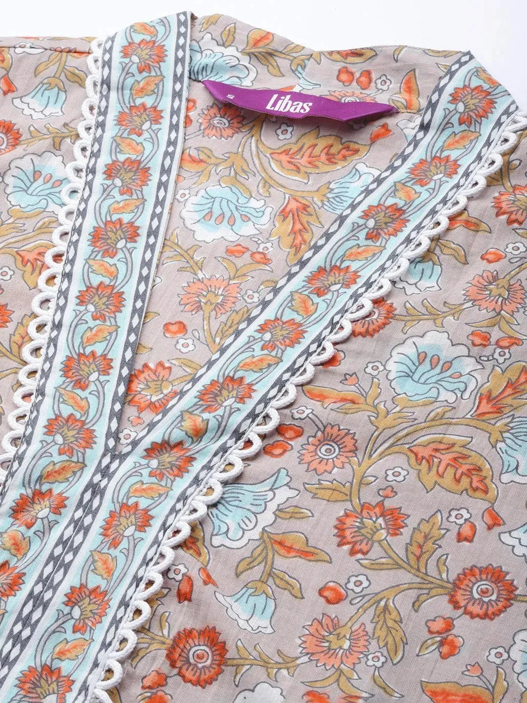 Grey Printed Cotton A-Line Suit Set With Trousers - Libas 
