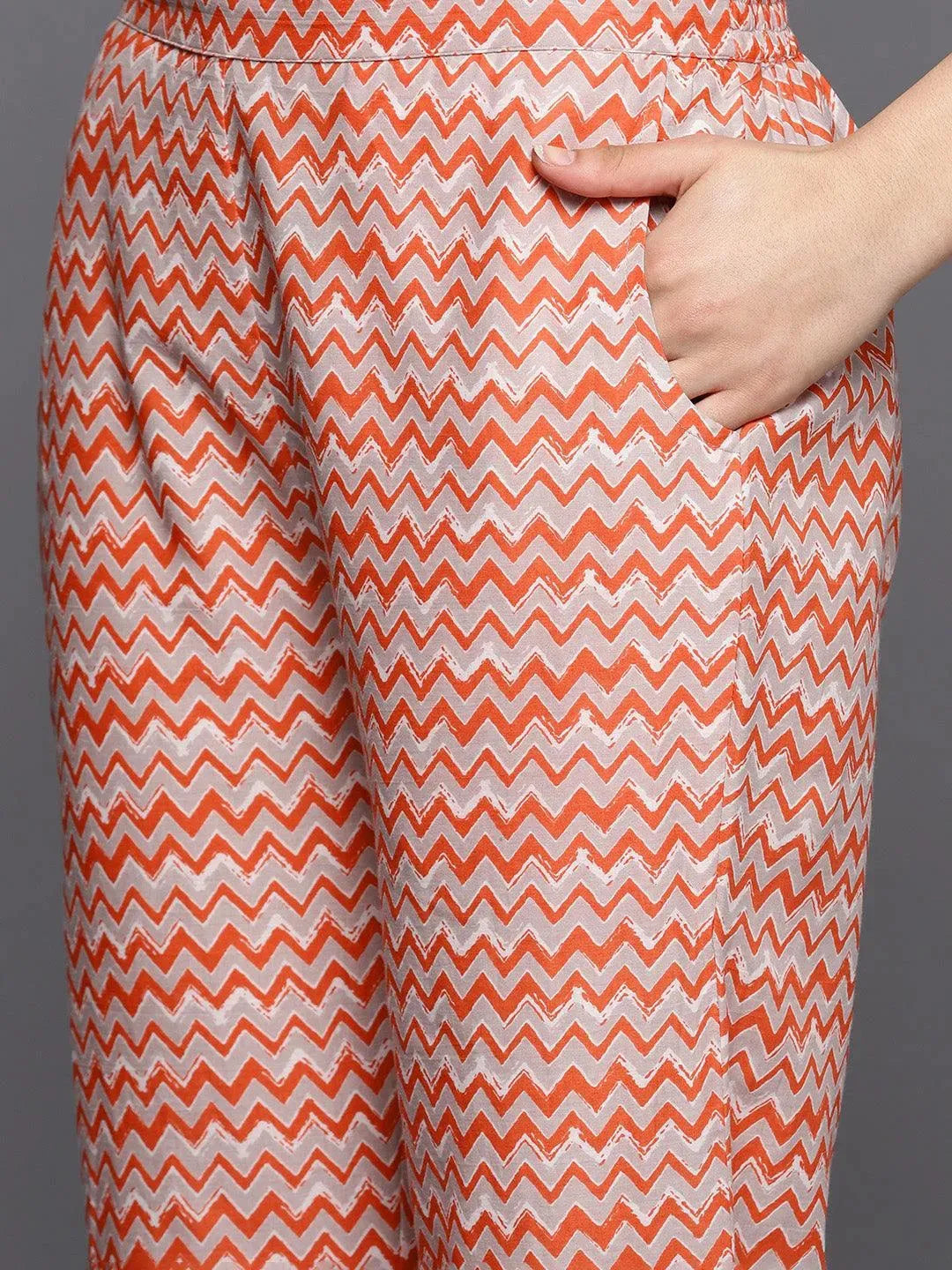 Grey Printed Cotton A-Line Suit Set With Trousers - Libas 