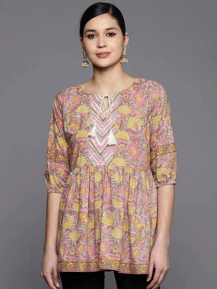 Grey Printed Cotton A-Line Kurti - Libas