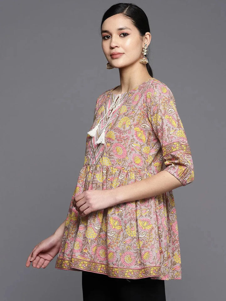 Grey Printed Cotton A-Line Kurti - Libas